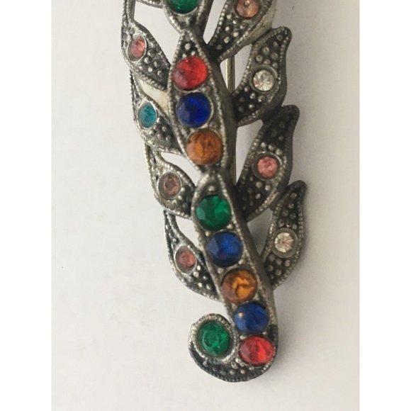 Little Nemo Feather Colored Rhinestone Brooch Pin Art Nouveau Vtg Jewelry Signed - Picture 3 of 9
